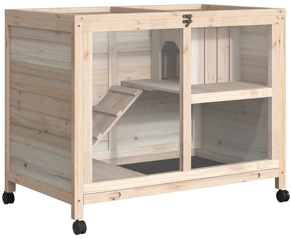 PawHut Coelheira de Madeira com Rodas 91,5x53,5x73cm Gaiola para Coelhos de 2 Níveis com Bandeja Amovível e Rampa Natural | Aosom Portugal