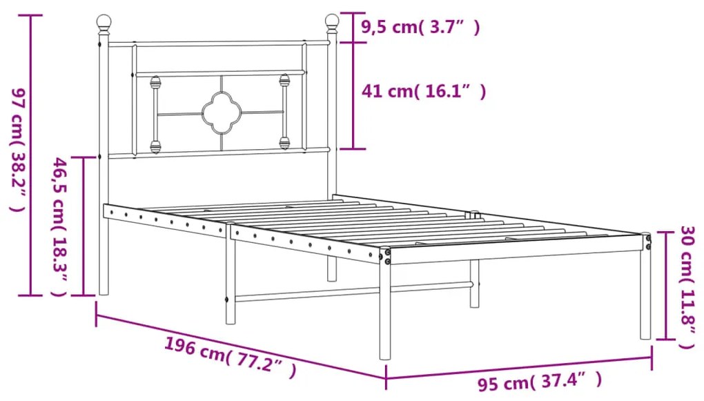 Estrutura de cama com cabeceira 90x190 cm metal preto