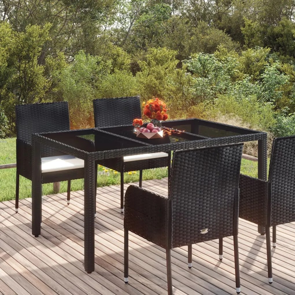 319899 vidaXL Mesa de jardim com tampo de vidro 150x90x75 cm vime PE preto