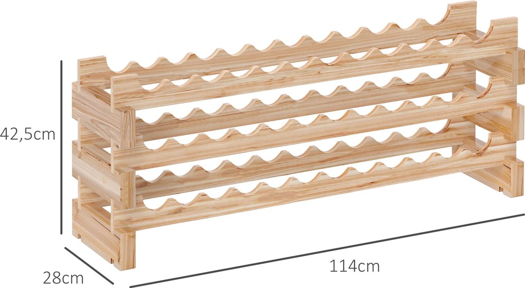 Garrafeira para 36 garrafas, prateleira para vinhos com 3 níveis ajustáveis, 114 × 28 × 42,5 cm, madeira natural