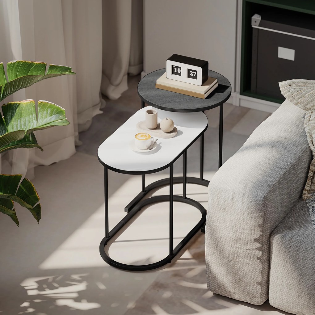 Conjunto de 2 mesas baixas encaixáveis, mesas auxiliares empilháveis de estilo contemporâneo, estrutura em metal cinzento e branco