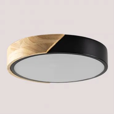 Plafon De Teto Led Redondo Em Ferro Jan Preto - Castanho Madeira & Ø30 Cm - Sklum