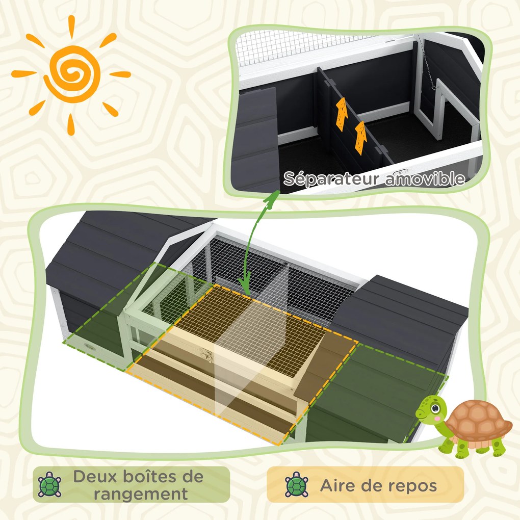 Recinto exterior para tartarugas com 2 compartimentos abertos e suporte para lâmpada ajustável, em madeira maciça, 120 x 56,5 x 43 cm, cinzento