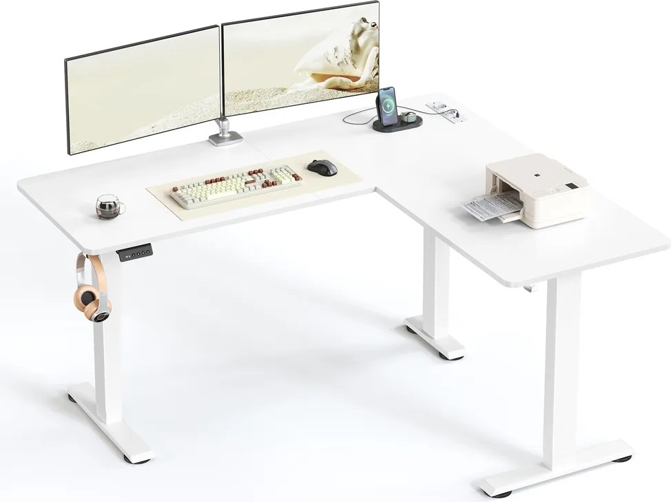 Secretária de canto com regulação elétrica da altura e estação de carregamento 160 x 140 x (72–120) cm branco