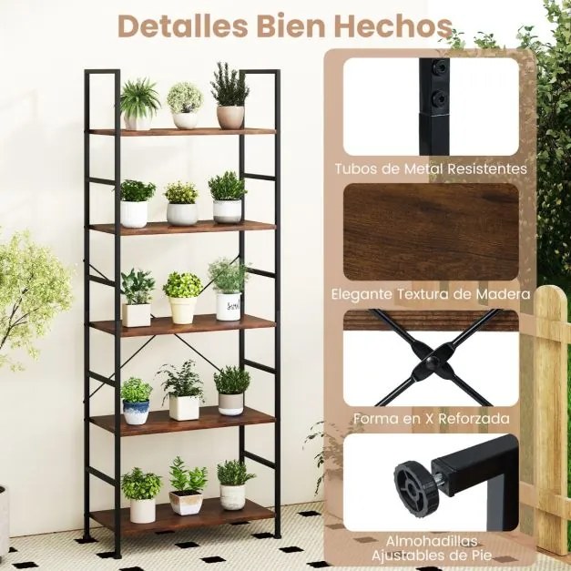 Estante de 5 níveis 60 x 30 x 160 cm, prateleiras industriais e estrutura metálica Castanho rústico + Preto