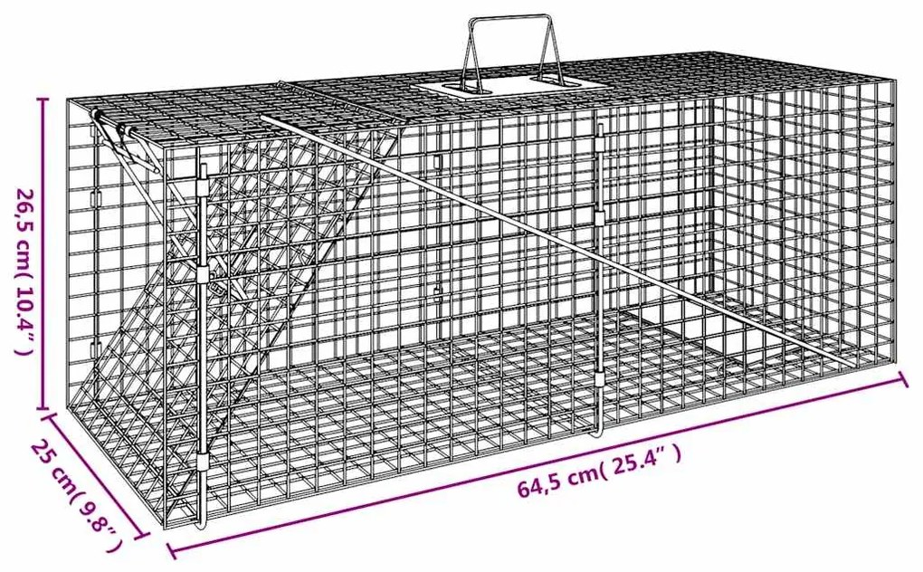Armadilha p/ animais 64,5x25x26,5 cm ferro galvanizado
