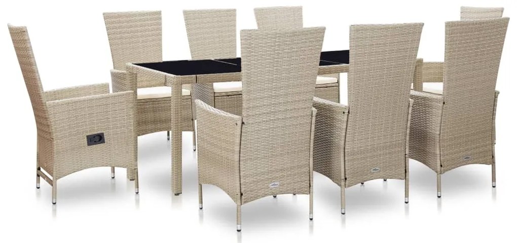 9 pcs conjunto jantar exterior com almofadões vime PE bege