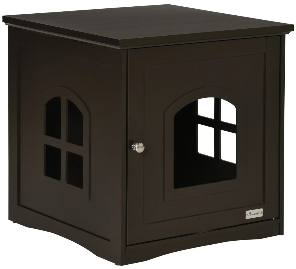 PawHut Casa para Gatos de Madeira Móvel para Caixa de Areia para Gatos 2 em 1 com Armário de Armazenamento Bancada Ampla Porta e 3 Janelas Cruzadas 48,7x53,3x53 cm Marrom