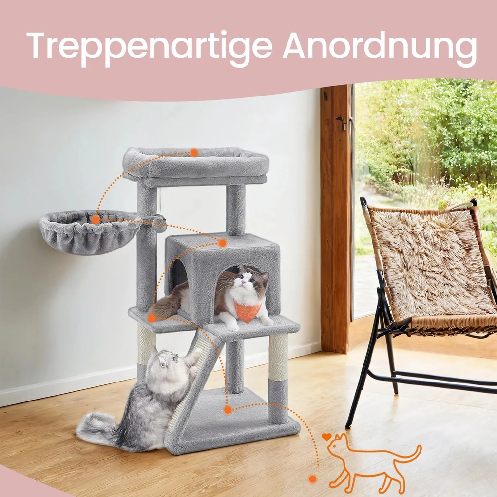 Arranhador para gatos com caverna e cesto suspenso 48,1 x 48,1 x 96,1 cm cinzento claro