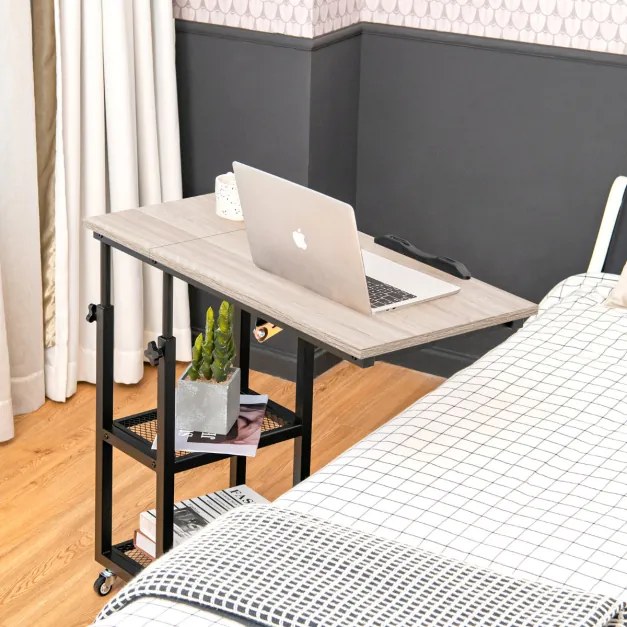 Mesa lateral móvel em forma de C com altura ajustável para computador, superfície de sofá com inclinação industrial, sala de estar, quarto, natural