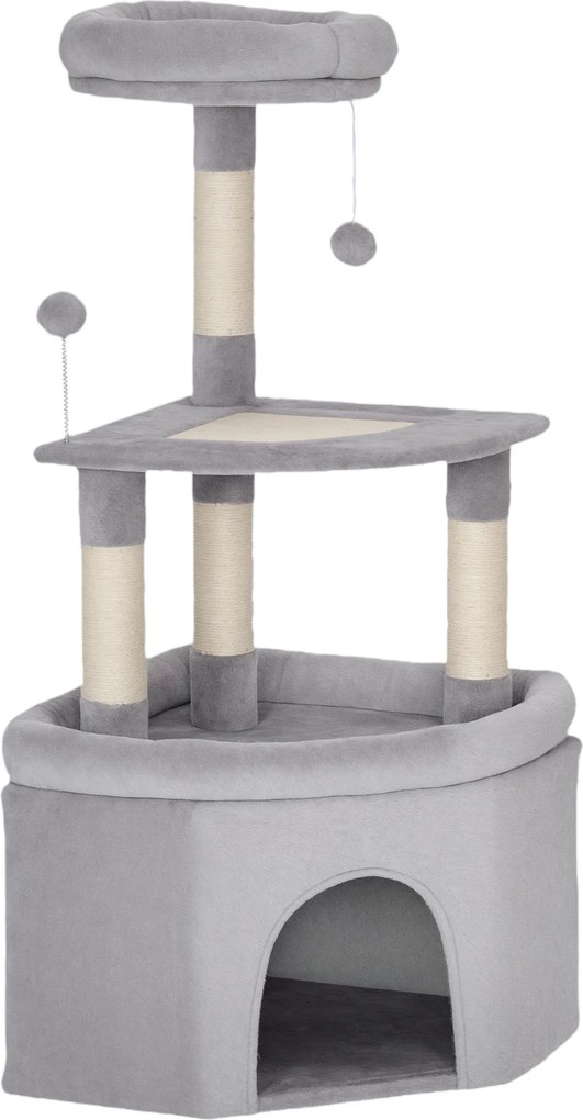PawHut Árvore para gatos torre de atividades para gatos arranhadores sisal, plataforma, toca, pelúcia, bolas, 49x49x114cm cinza claro | Aosom Portugal