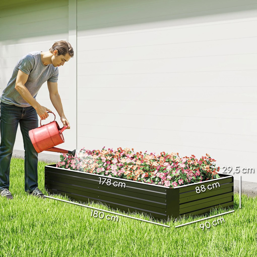 Floreira retangular de aço galvanizado com suportes para tomates e plantas trepadeiras, 180 x 90 x 29,5 cm preto