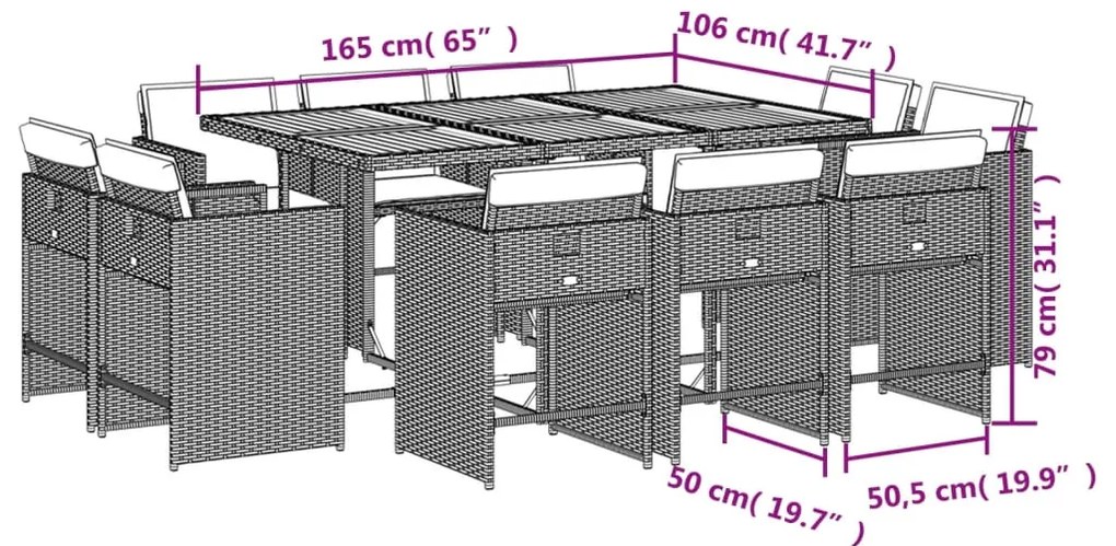 11 pcs conjunto de jantar p/ jardim com almofadões vime PE bege