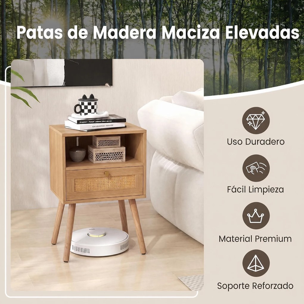 Conjunto de 2 Mesas de Cabeceira com Gaveta em Ratan, 40 x 30 x 60,5 cm, Pernas de Madeira Maciça, cor Madeira