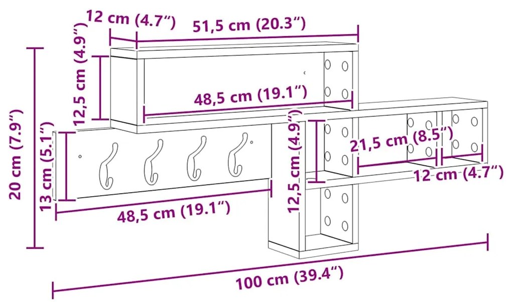 Cabideiro de Parede Cinza sonoma 100 x 12 x 43.5 cm