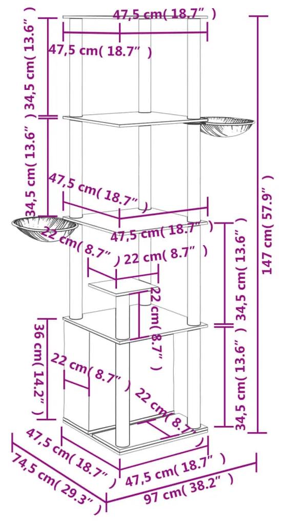 Árvore p/ gatos c/ postes arranhadores sisal 147 cm cinza-claro