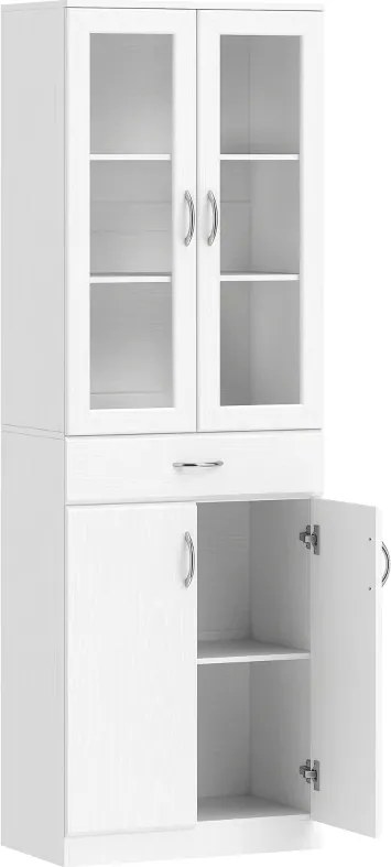 Armário de Cozinha 60x35x180 cm com 2 Armários e uma Gaveta, Prateleiras Reguláveis e Portas de Vidro Branco