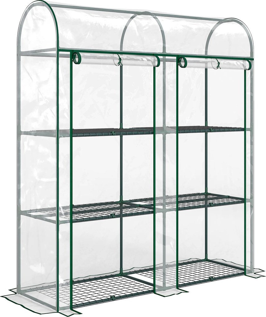 Outsunny Estufa Pequena de 3 Níveis 2 Portas Enroláveis Estrutura de Aço Cobertura de Plástico 143x46x164 cm Transparente | Aosom Portugal