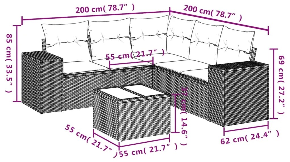 6 pcs conj. sofás jardim com almofadões vime PE cinzento-claro