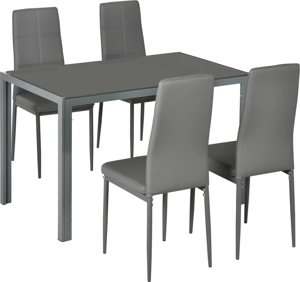 HOMCOM Conjunto de Sala de Jantar 5 Peças com Mesa Retangular de Vidro Temperado e 4 Cadeiras em PU Cinzento | Aosom Portugal