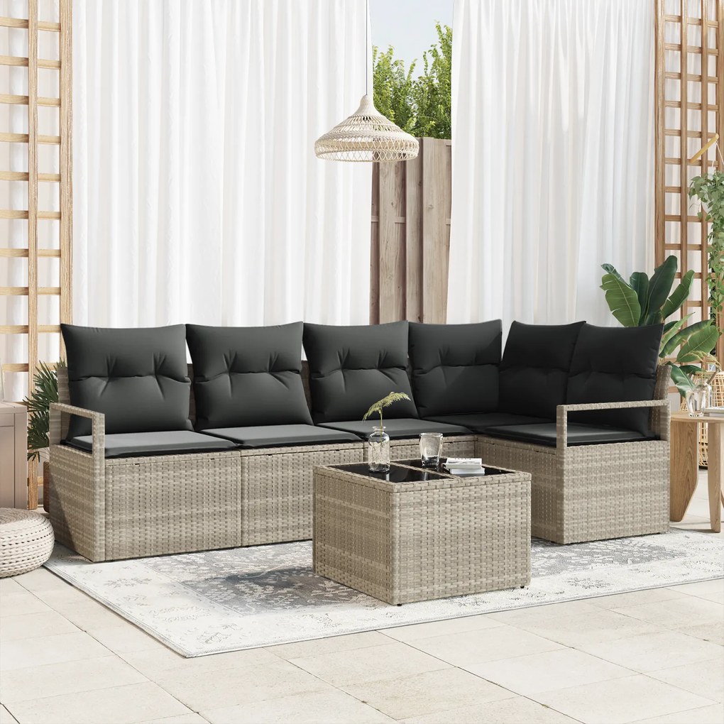 Conjunto de Sofá de Jardim de 6 Peças com Almofadas Cinza Vime PE, Sof