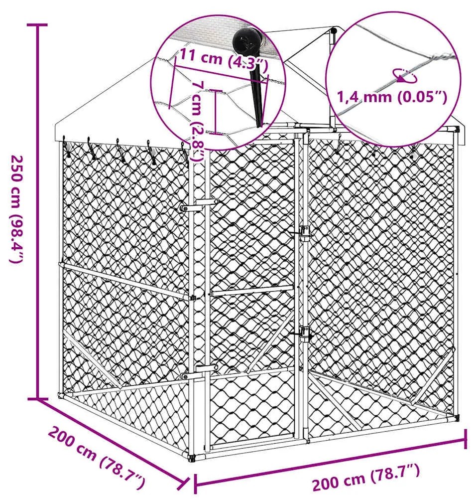 Canil de exterior com teto 2x2x2,5m aço galvanizado prateado
