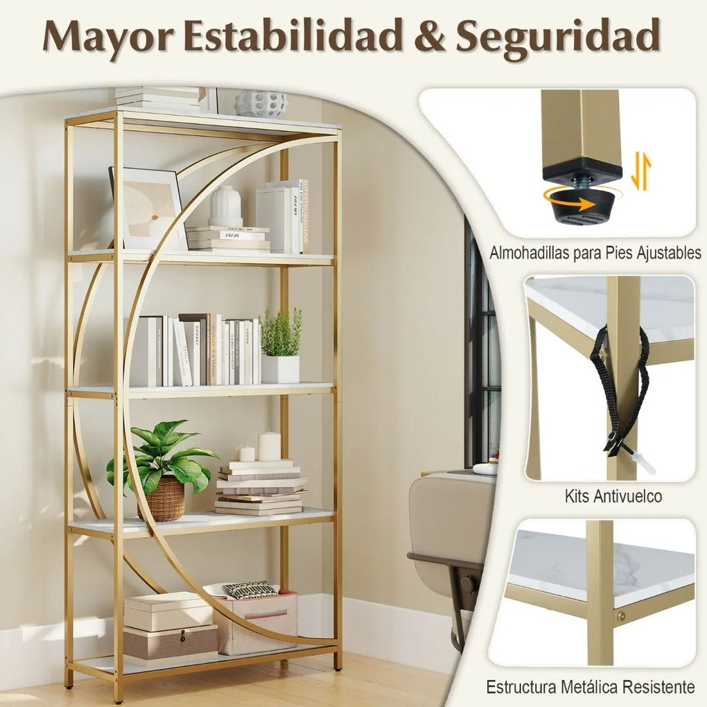 Estante de 5 níveis 86 x 30 x 175 cm com prateleiras de armazenamento abertas branco e Dourada