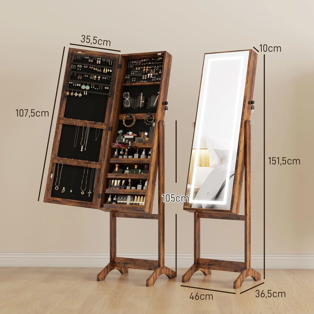 Joalheiro de Pé Armário para Jóias com Fita de Luz LED e Fechadura Magnética 46x36,5x151,5 cm Madeira