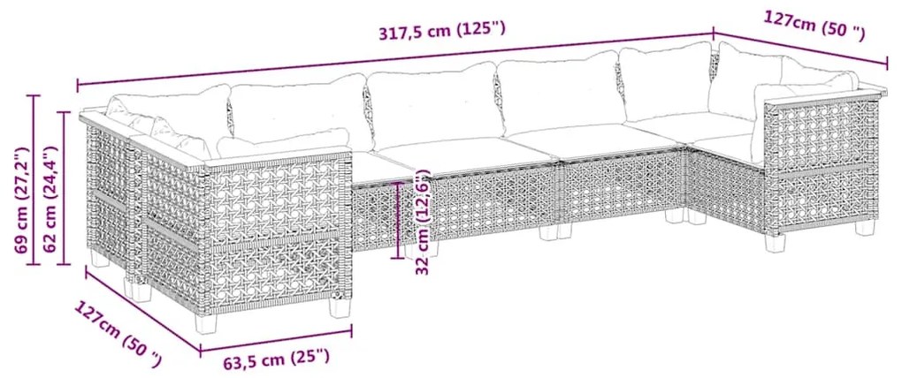 7 pcs conjunto de sofás p/ jardim com almofadões vime PE bege