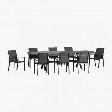 Conjunto De Mesa Retangular Extensível 240-300x100 Cm E 8 Cadeiras De Jardim Empilháveis Com Apoios De Braços Em Alumínio Karena Cinza Grafito - Sklum