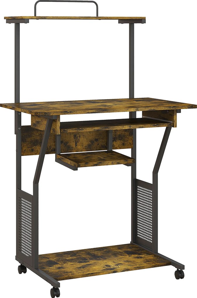 HOMCOM Mesa de computador com rodízios e prateleiras de arrumação, estação de trabalho com bandeja para teclado, 80 x 50 x 130 cm, castanho | Aosom Portugal