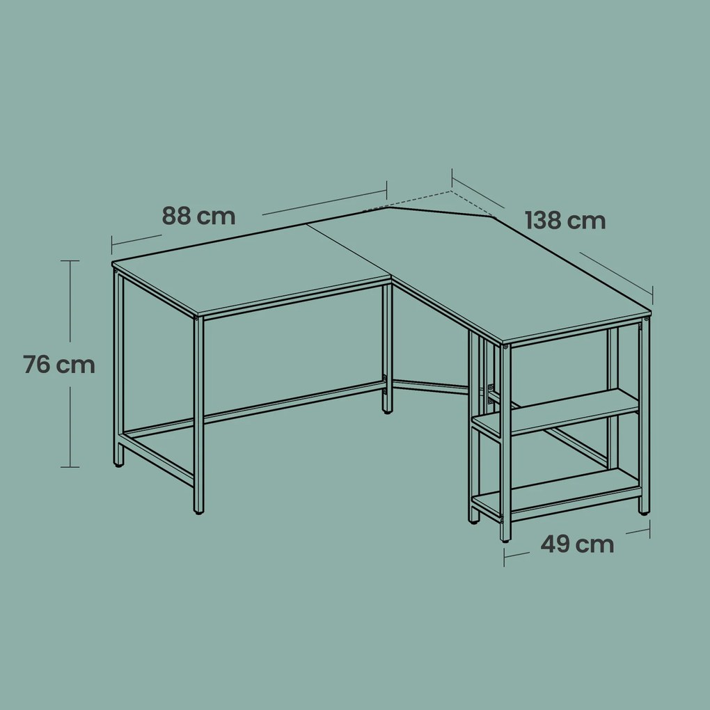 Secretária em forma de L 138 x 138 x 76 cm (P x L x A) com 2 prateleiras, preta com veios de madeira preta com veios de madeira