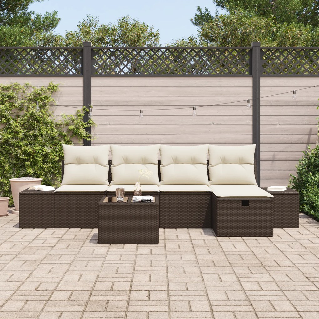 Conjunto de Sofá de Jardim com Almofadas Marrom de Rattan Polímero