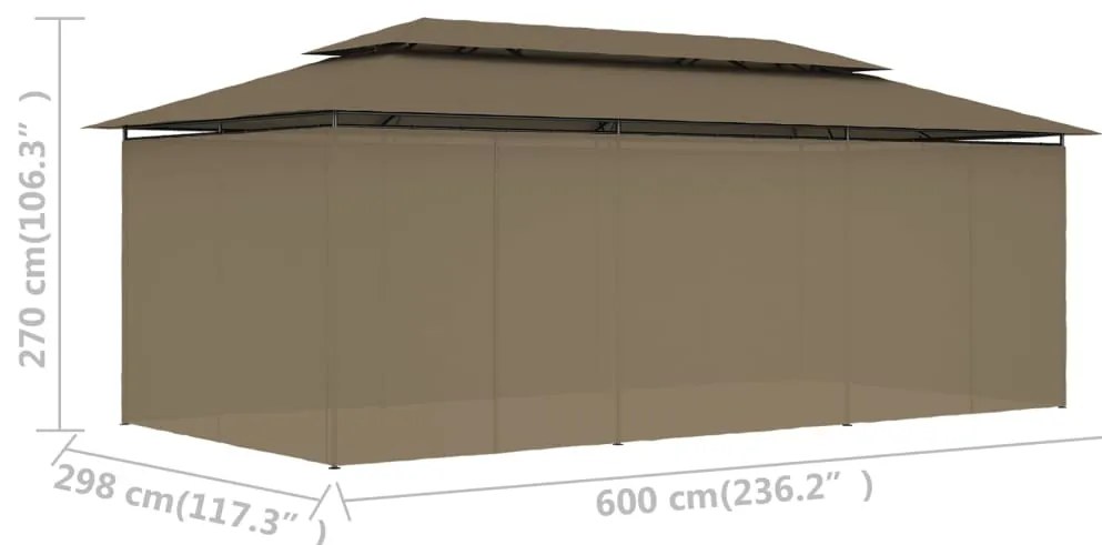 Gazebo c/ cortinas 600x298x270 cm 180 g/m² cinzento-acastanhado