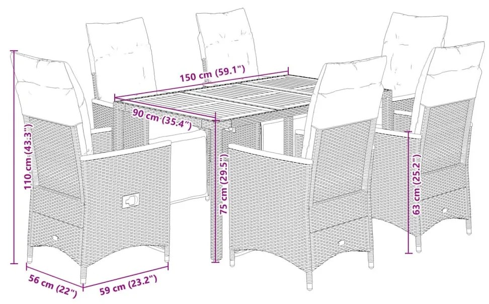 7 pcs conjunto bistrô de jardim c/ almofadões vime PE cinza