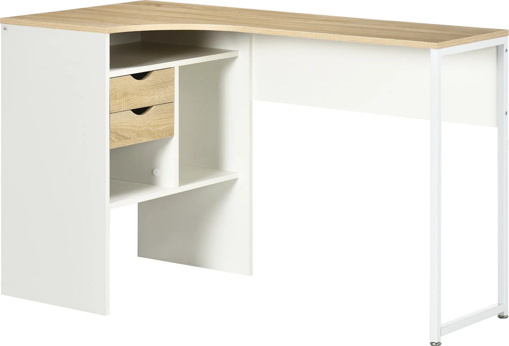 HOMCOM Secretária de Canto em L 120x60 cm com 2 Gavetas e 3 Compartimentos Abertos para Escritório e Estudo, Natural e Branco | Aosom Portugal