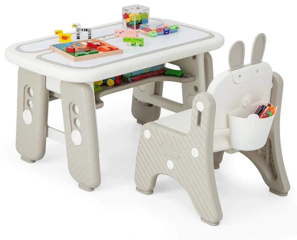 Conjunto de mesa e cadeira para arte infantil com prateleira giratória Quadro branco magnético apagável e 3 quadros de desenho ajustáveis em altura Ci