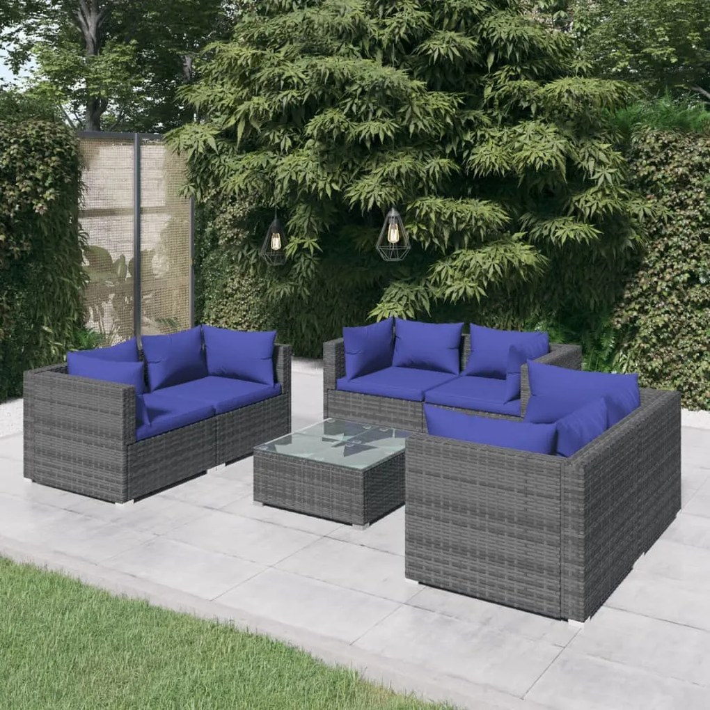 vidaXL 7 pcs conjunto lounge de jardim c/ almofadões vime PE cinzento