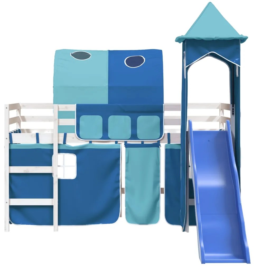 Cama alta para criança com torre 90x190 cm pinho maciço azul
