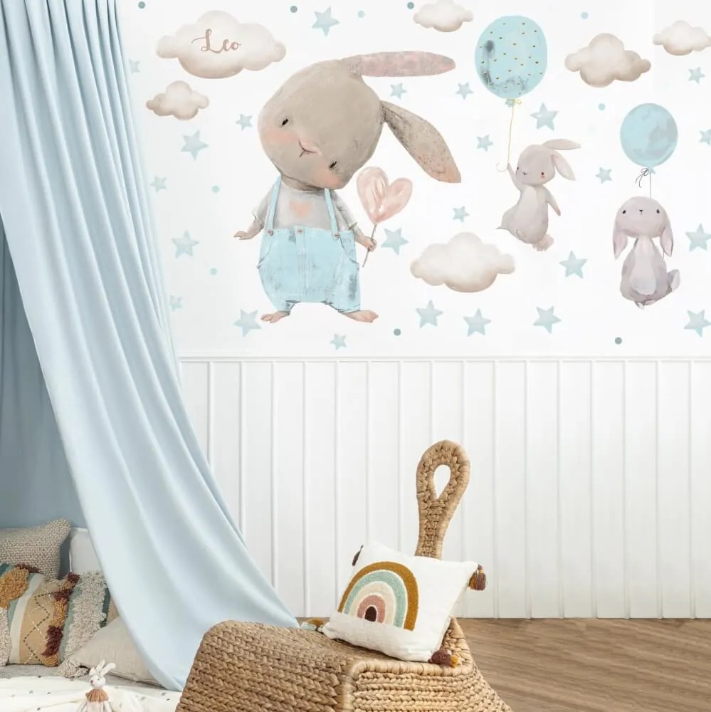 Autocolantes para quarto - Coelhinhos em azul claro com balões