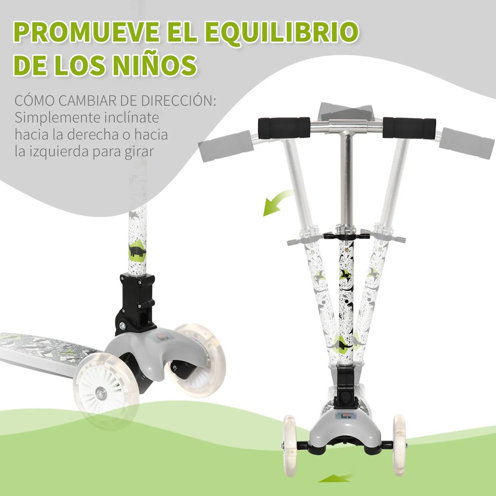 HOMCOM Trotinete para Crianças acima de 3 Anos Dobrável Trotinete com 3 Rodas com Luzes LED Guiador com Altura Ajustável e Freio Posterior Carga Máxima 50kg 54,7x32,5x59-69cm Cinza