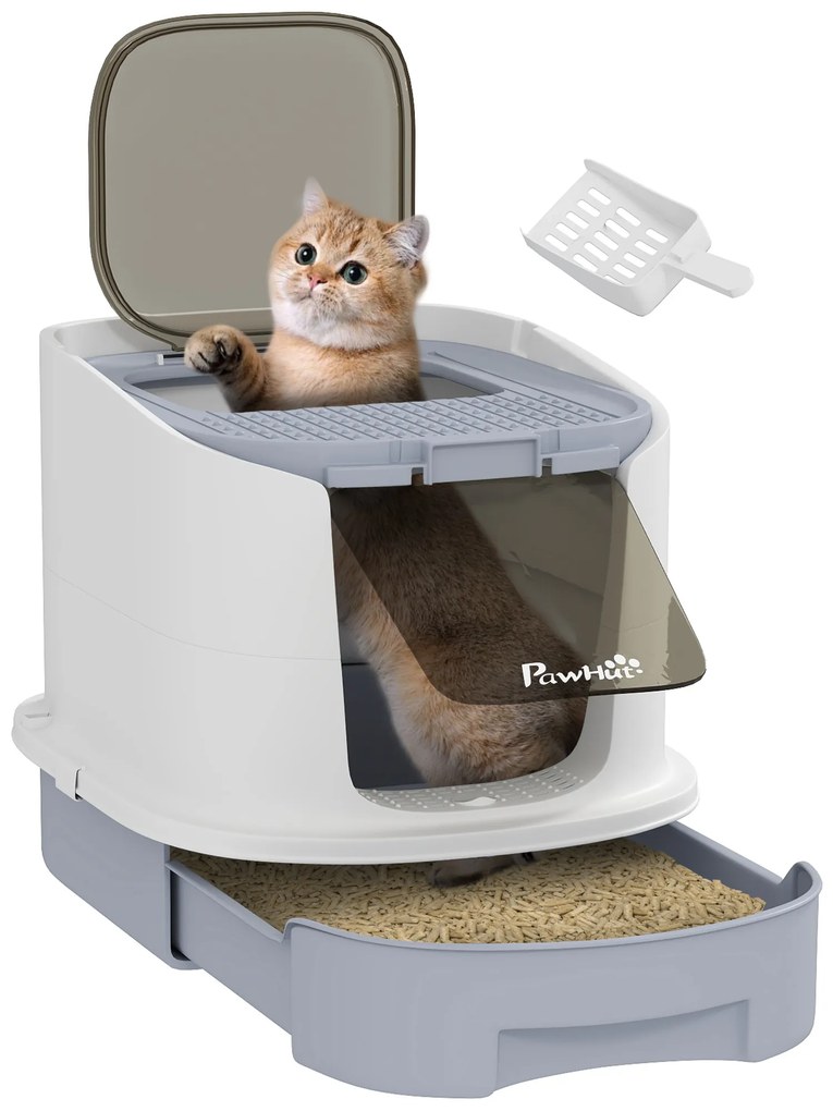 Caixa de Areia para Gatos Fechada com Entrada Frontal Saída Superior Tampa Amovível Bandeja e Pá 40,5x52,5x42,5 cm Branco e Cinza