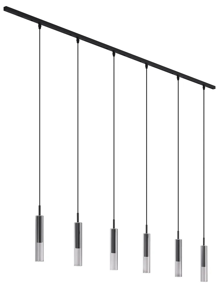 Sistema de iluminação de trilho moderno preto com 6 candeeiros suspensos pretos com vidro fumado 1 fase - Slimline Loyce