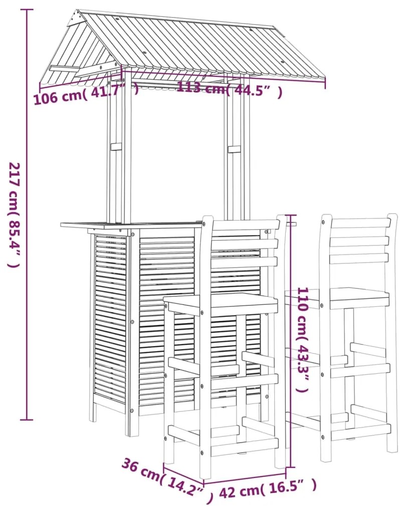 3 pcs conjunto de bar para jardim madeira de acácia maciça