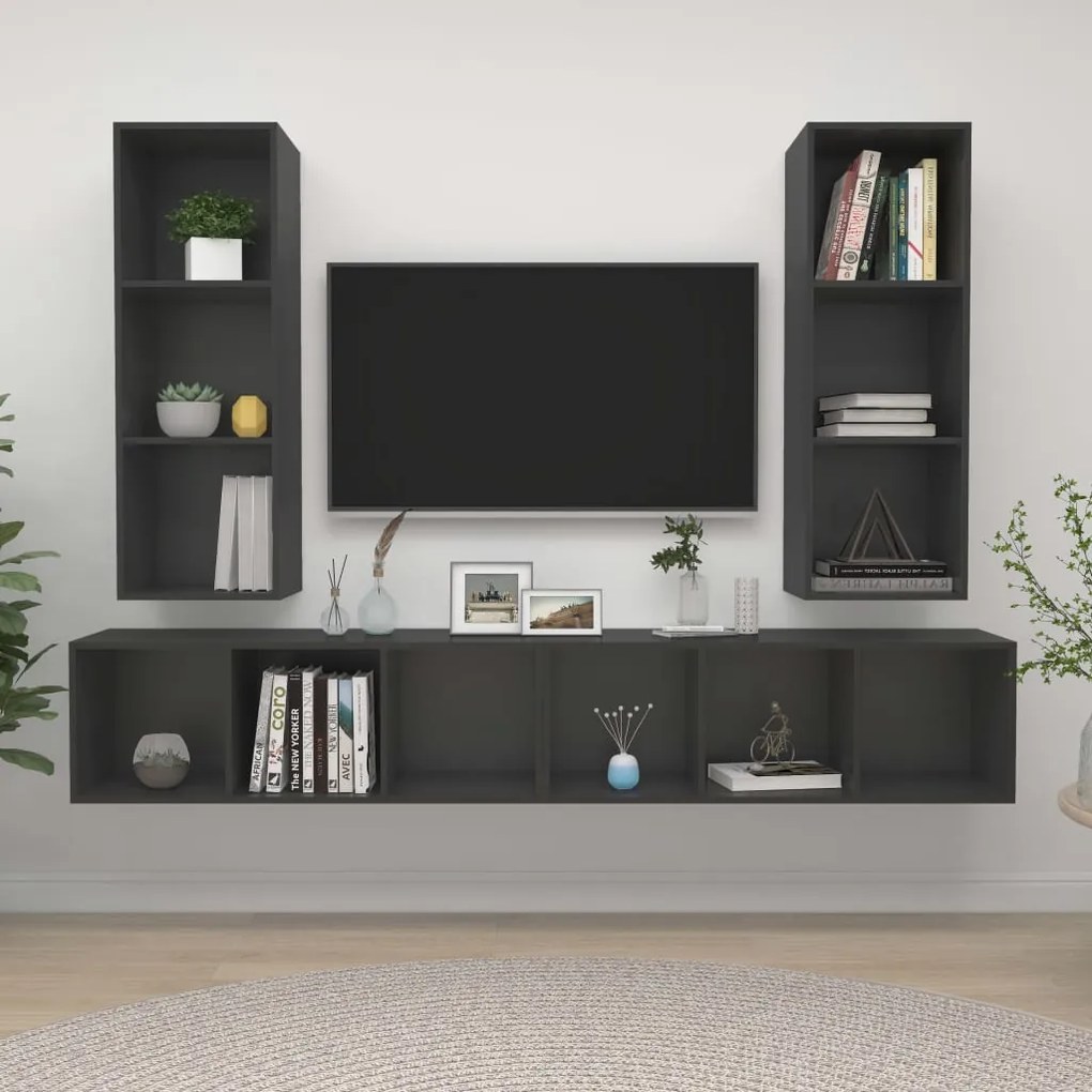 vidaXL Armários de parede para TV 4 pcs derivados de madeira cinzento