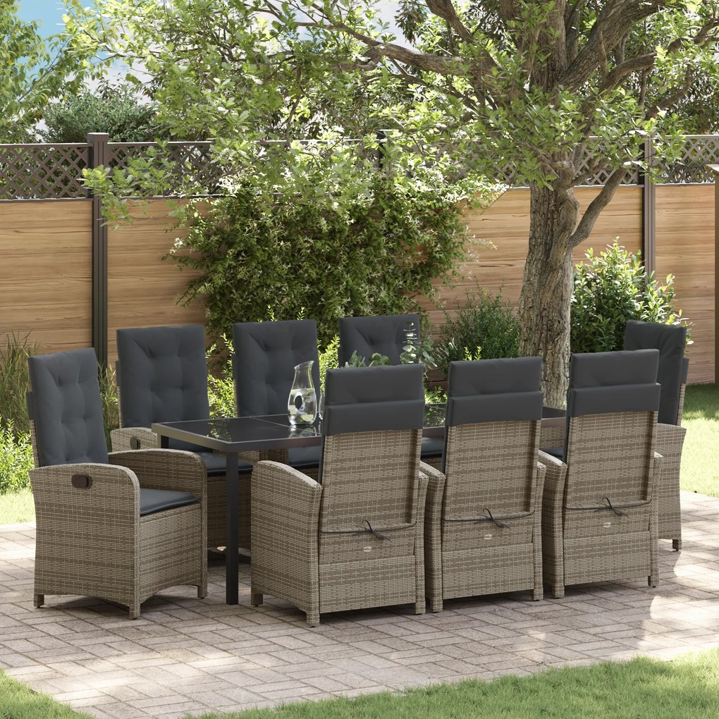 Conjunto de Jantar de Jardim 9 Peças com Almofadas Cinzas de Rattan Po