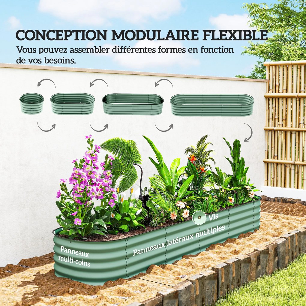 Floreira elevada de jardim em aço 240 x 62 x 30 cm, modular, para legumes, plantas e flores verde