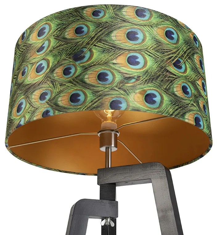Candeeiro de pé tripé preto com abajur design pavão 50 cm - Puros Clássico / Antigo