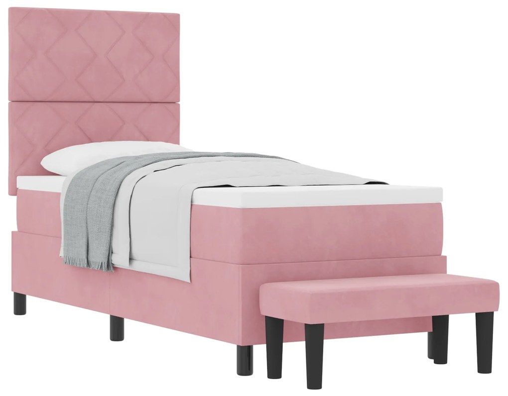 Cama Box Spring com Colchão &amp; Banco Rosa 80x200 cm Veludo