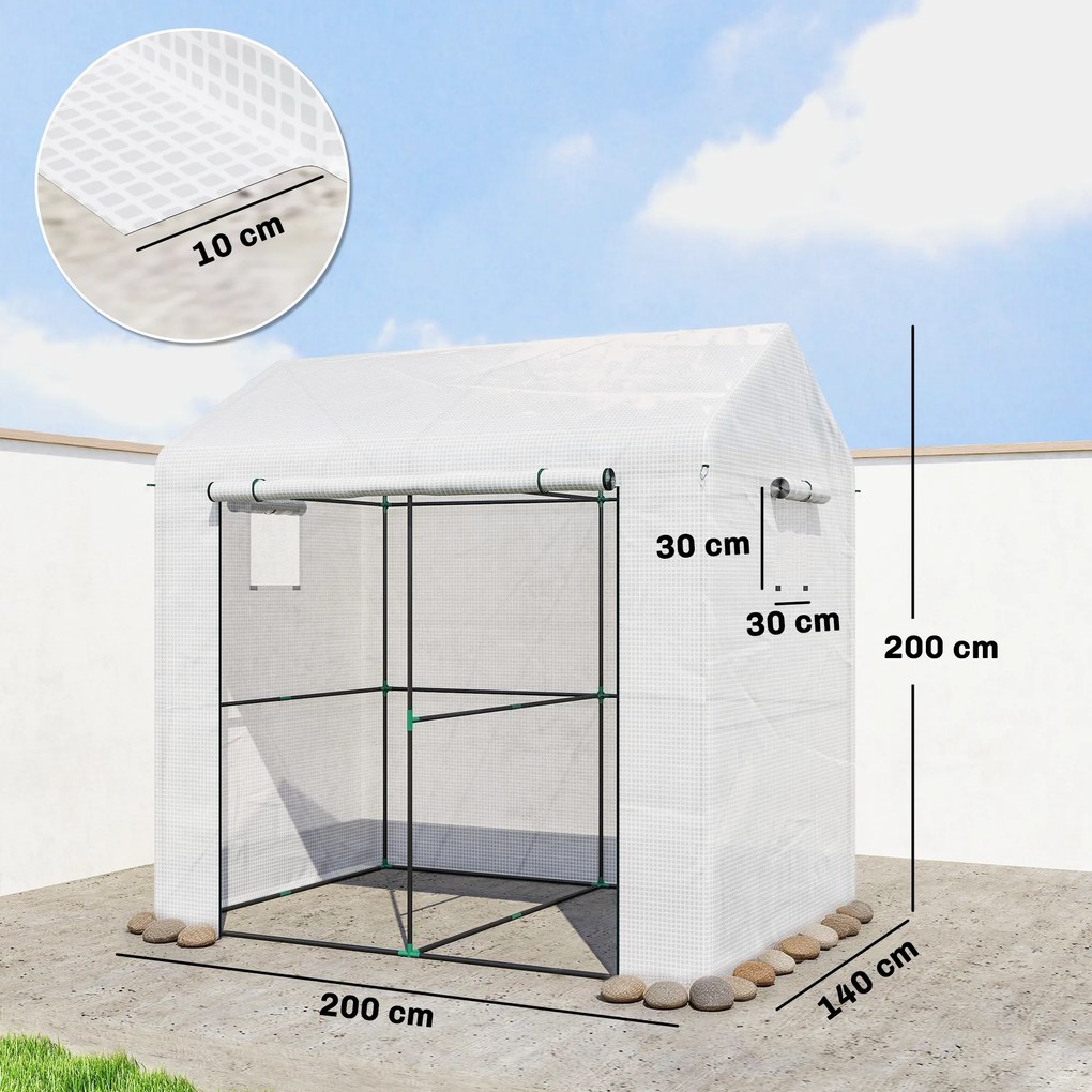 Estufa de jardim em PE 200 x 140 x 200 cm, estufa de varanda, lona reforçada de 135 g/m², estrutura em aço, porta com fecho de correr, branca